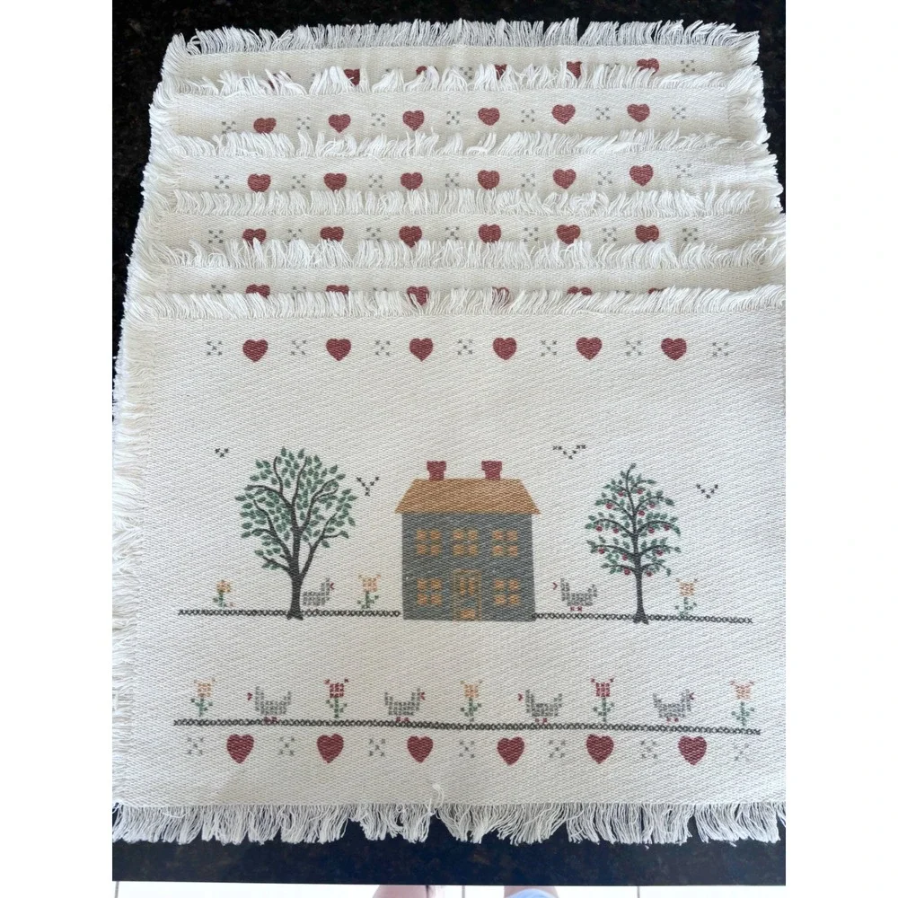 Vintage Farmhouse Woven Placemats Set of 4 Saltbox House Heart Fringed Cream